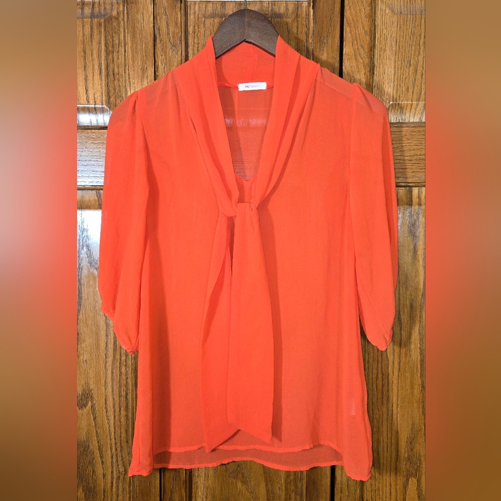 Everly Anthropologie Semi Sheer Tie Neck Flowy Kaftan Elbow Length Blous…